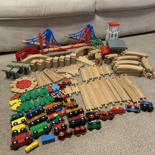 140 Piece Wooden Train Set bundle Brio & compatible track, trains, bridges — image 2