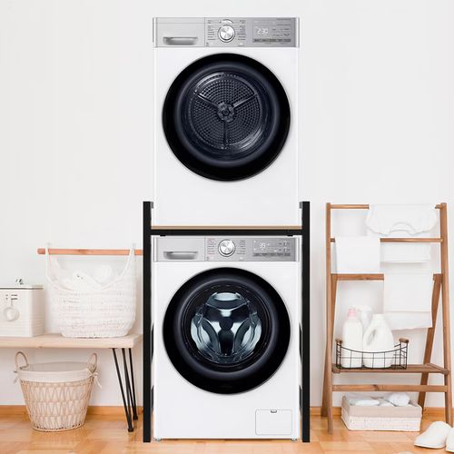 Black Height Adjustable Washer Dryer Stack Stands Over The Washer Storage Shelf — image 10