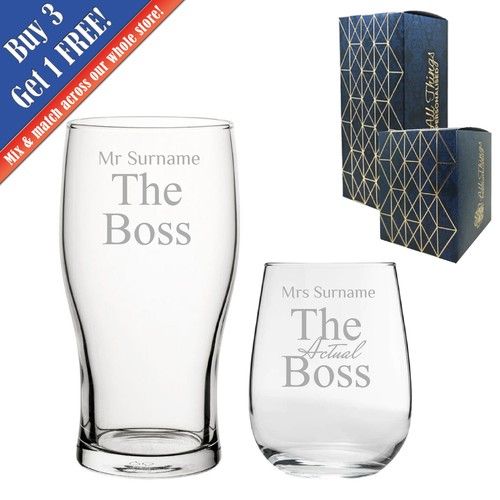 Personalised Engraved His and Hers Beer and Stemless Wine Set, The Actual Boss