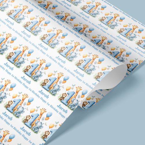 Wrapping Paper Blue 1st Birthday Personalised Name Safari Baby Boy Gift Wrap — image 3