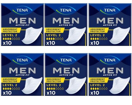 Tena for Men Level 2 Absorbent Protector - 6 Packs of 10 (Total 60 Pads)