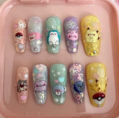 Pokemon inspired Chibi Pikachu Snorlax Small Ditto Handcrafted Press On Nails