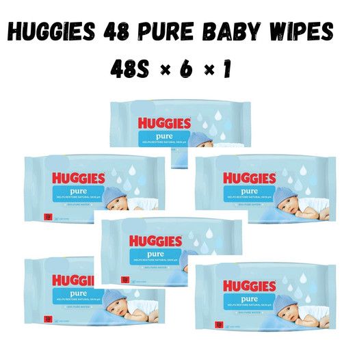 Huggies Pure Plastic Free Baby Wipes (48 Wipes) – 99% Water Wet (pack of 6)