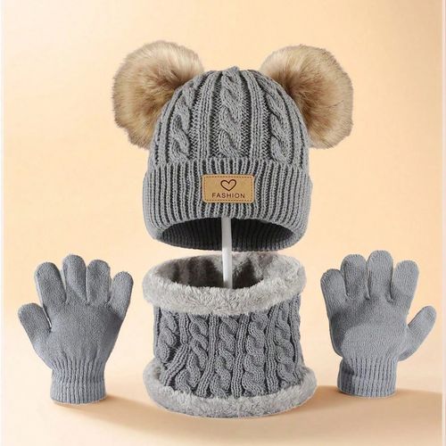 Kids Winter Hat Scarf Gloves Set Warm Knitted Fleece Lined Beanie for Boys Girls — image 1