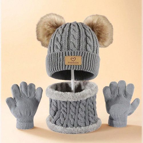 Kids Winter Hat Scarf Gloves Set Warm Knitted Fleece Lined Beanie for Boys Girls