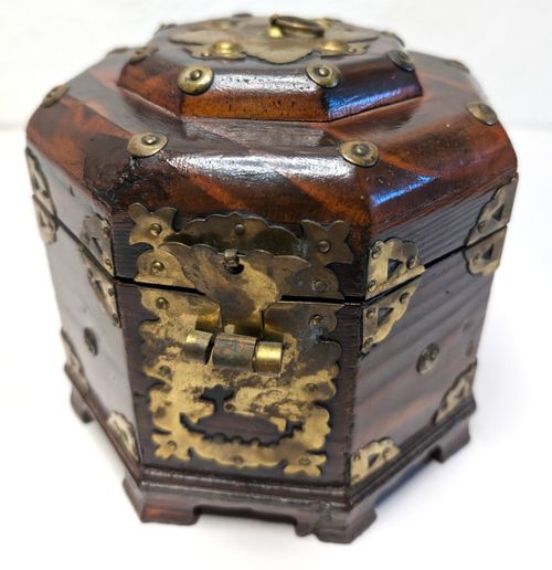 Antique Chinese Octagonal Box Hardwood and Brass Paper Lined 1900 6.5in — image 19