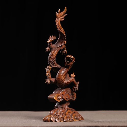 7.6" Vintage Chinese Carved Wooden Statue Dragon Loong Box-Wood Home Decor — image 2