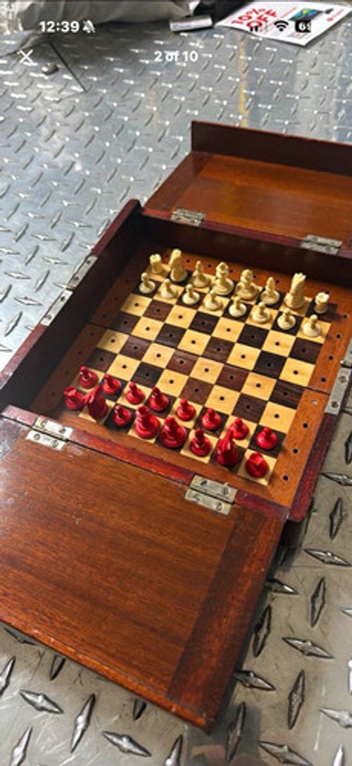 Vintage Wood Folding Travel Chess Set with Red & Ivory Pieces, Mahogany Wood