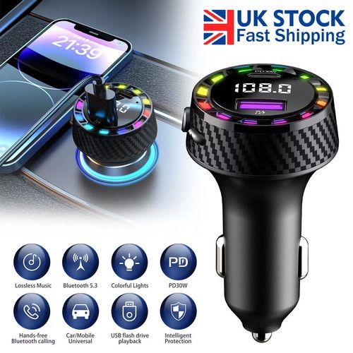 Bluetooth 5.3 Wireless Car FM Transmitter 30W PD USB Charger Cigarette Lighter