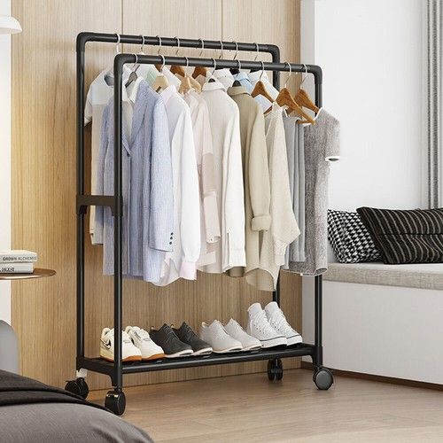 Mobile Iron Double Clothes Rail Hanging Rack Garment Display Stand Open Wardrobe