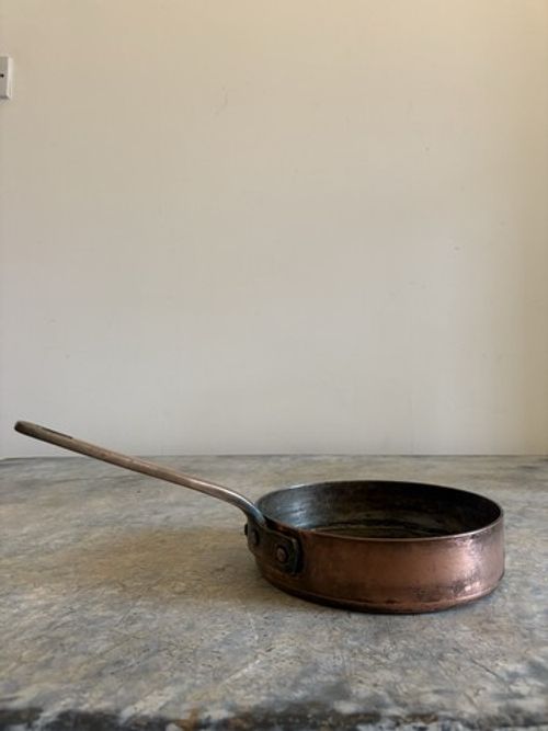 A French 19thC Copper Sauce Pan Tin Lined 21cm diam Brass Handle, Heavy Gauge