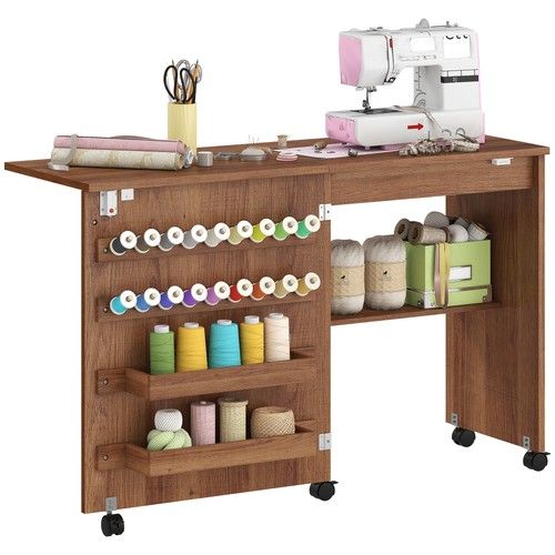 HOMCOM Folding Sewing Table, Craft Table with Storage compartments, Brown