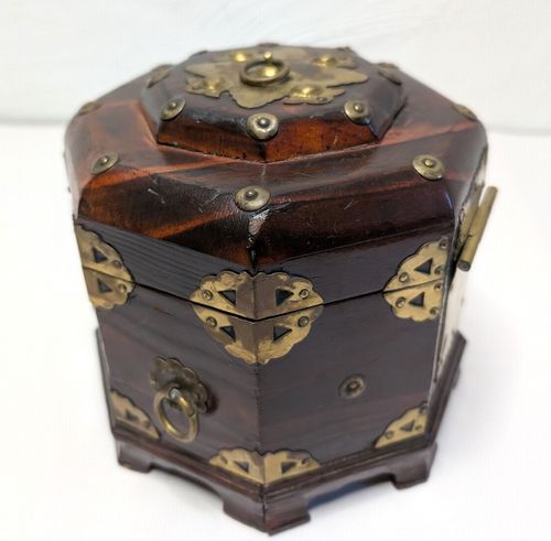 Antique Chinese Octagonal Box Hardwood and Brass Paper Lined 1900 6.5in — image 13