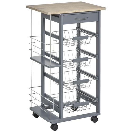 Kitchen Island Trolley w/ 4 Baskets 2 Side Racks Drawer Dark Grey — image 1