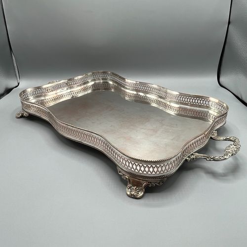 Antique Vintage Silver Plated Footed Serving Tray Handles Serpentine Scalloped — image 1