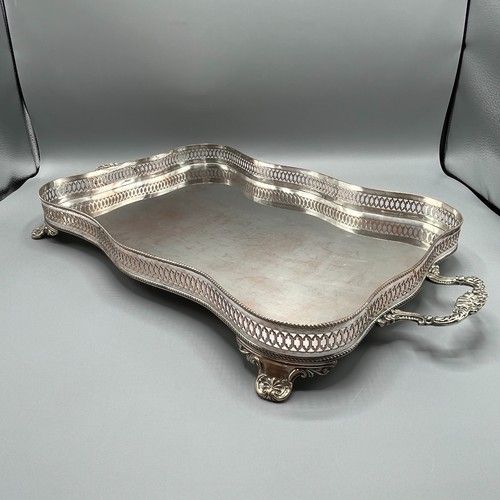 Antique Vintage Silver Plated Footed Serving Tray Handles Serpentine Scalloped