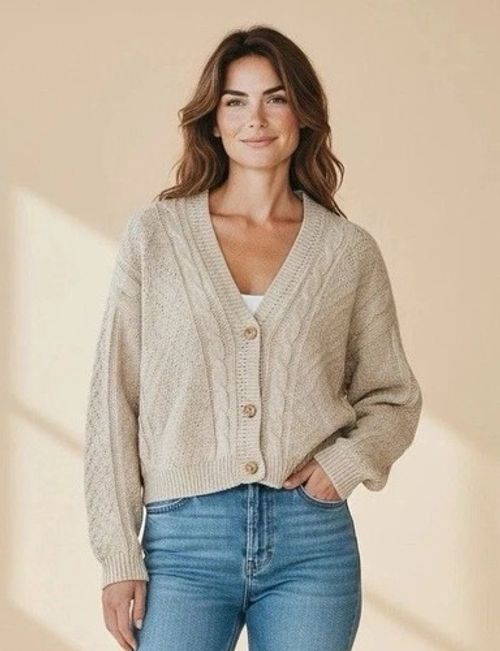 Beige Cable Knit Cropped Cardigan Button Up Chunky Knit V Neck UK M 10-12 New