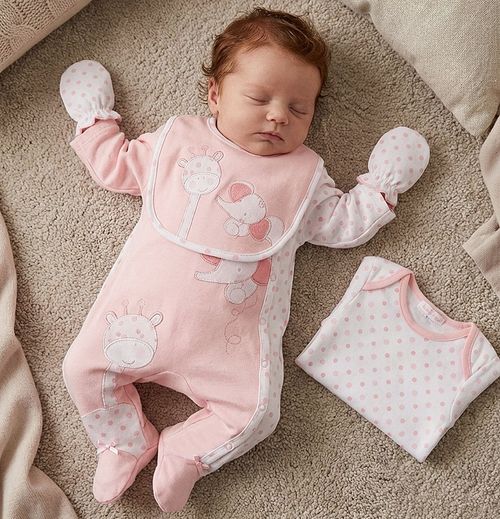 Premature Baby Girl 4 Pce Set Sleepsuit Bodysuit Bib Mitts Tiny Prem Pink — image 2