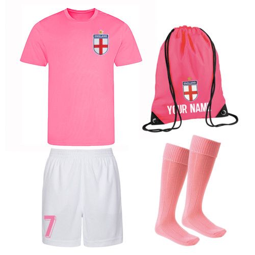 Personalised Kids England Style Pink Football Kit Shirt Shorts Socks & Bag