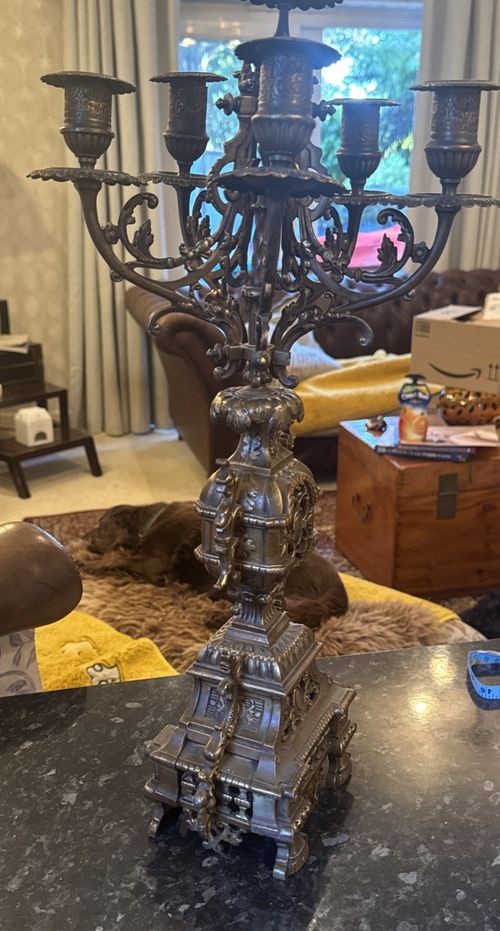 Antique 19thC French Baroque Ornate Brass 5 Arm Candelabra Altar Style 24" — image 11