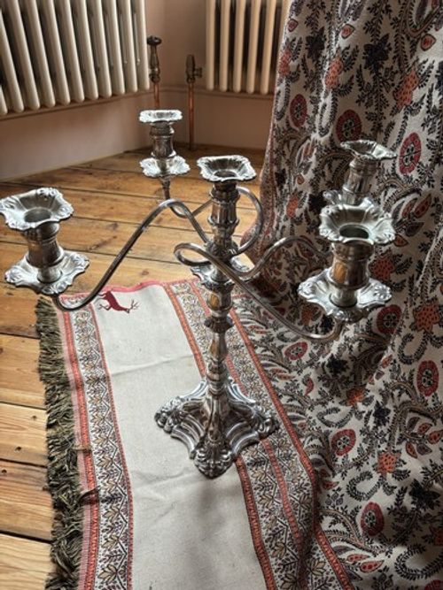 Stunning Silver Plate 5-Arm Candelabra with Maker’s Mark J Pinder