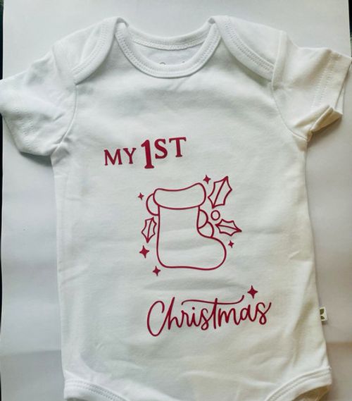 My 1st Christmas White/Red Print Cotton Jersey Babygrow, Short Sleeve, Snap 3-6m