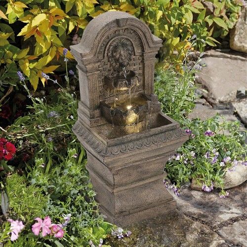 Lion Head Solar Powered Water Feature Outdoor Garden Fountain w/Warm White Light