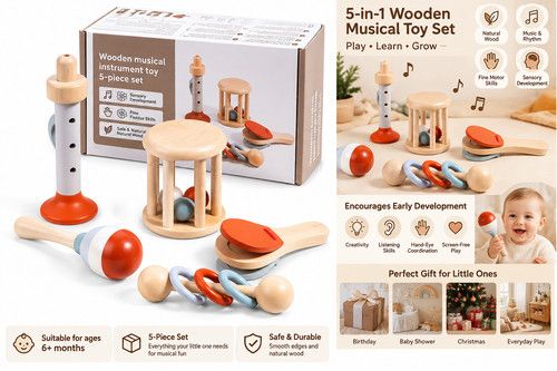 5pc Wooden Baby Musical Toy Set Sensory Rattle Teether Jingle Gift