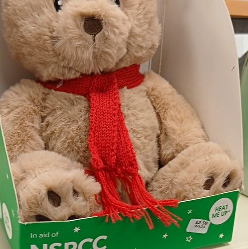Teddy Bear Hot Water Bottle & Cover Beige Faux Fur with Red Scarf — image 1