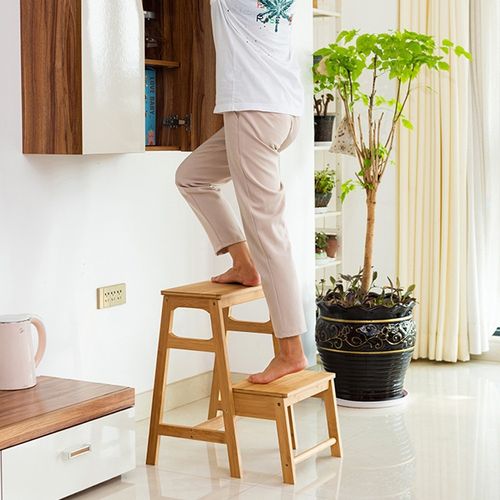 Folding Wooden Bamboo Step Stool Kitchen Ladder Chair Display Rack 3 in 1 Stool — image 5