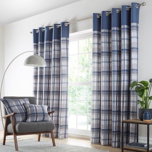 Lined Curtains Tartan Check Eyelet Ring Pair Red Charcoal Grey Ochre Blue Drapes