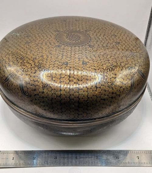 ANTIQUE ASIAN GILDED BRONZE BOWL GEOMETRIC & BLACK PATTERN ORIGINAL CONDITION 