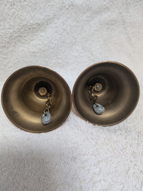 Pair Vintage Solid Brass Hand Bells Made In England School Dinner Call Lead — image 7