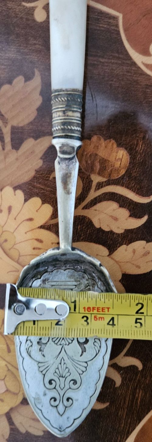Antique Silver-Plated Preserve, Jam, Sugar Embossed Spoon Mother-of-Pearl Handle — image 7