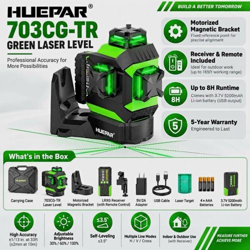 Huepar 703CG-TR Self-Levelling Green Laser Level Remote Magnetic with Case