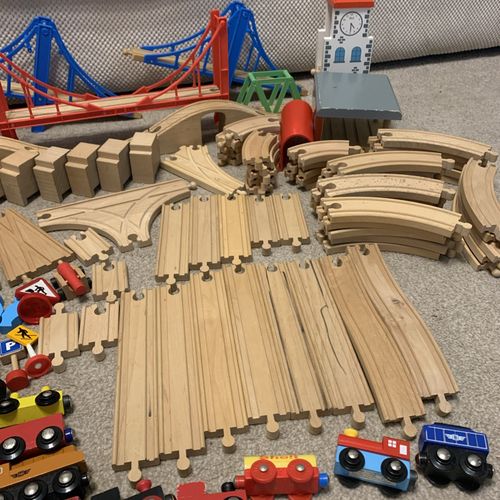 140 Piece Wooden Train Set bundle Brio & compatible track, trains, bridges — image 15
