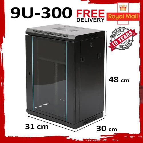 9U 300mm 10" Black Network Cabinet Data Comms Wall Rack, Patch Panel Switch LAN.