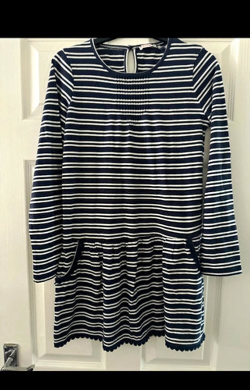 Fat Face Girls age 12 Navy/White Striped Fit & Flare Dress Pockets Cotton