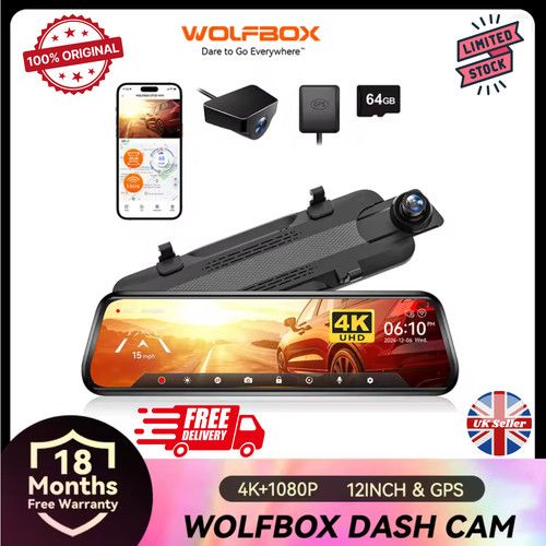 WOLFBOX G930 4K 10" WIFI Rear View Mirror Camera WDR, Dash Cam Front and Rear