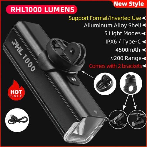ROCKBROS Bike Headlight 1000 LM IPX6 Waterproof 4500mAH USB Rechargeable LED