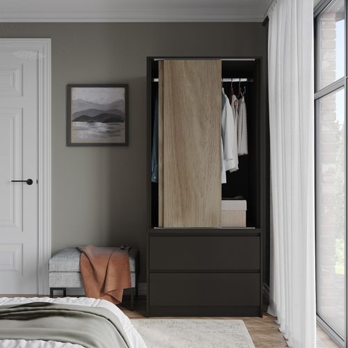 2 Sliding Doors Wardrobe 2 Drawer Bedroom Clothes Hanging Rail Storage Cupboard — image 3