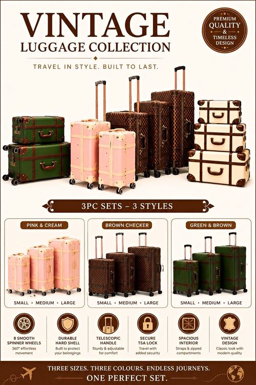 Vintage Hard Shell 3-Piece Luggage Set Chequer Multicolour,Spinner,Check TSA Lck — image 2