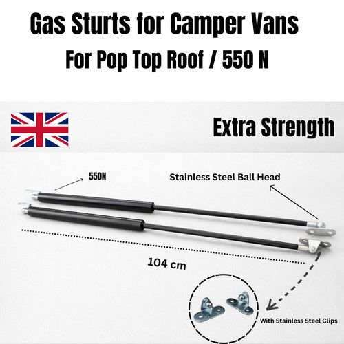 550N Camper Van Pop Top Gas Struts Pair 104cm Heavy Duty Roof Lift Arms Steel