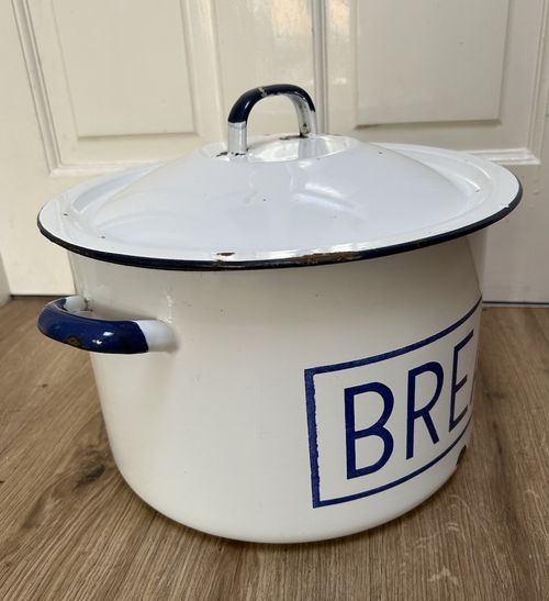 Large Vintage Enamel Bread Bin Polish Kitchenalia - Blue and White Lidded Bin — image 9