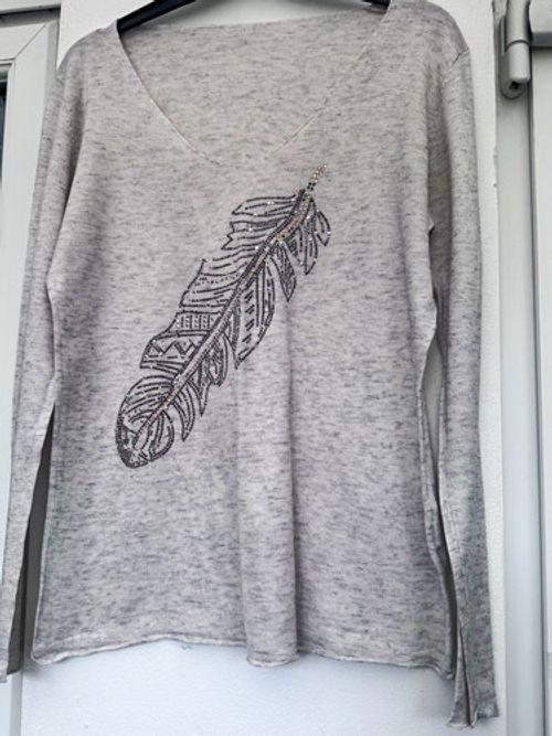 Women Grey Knit V-Neck Pullover Jumper Feather Rhinestone Studs Long Sleeve 10