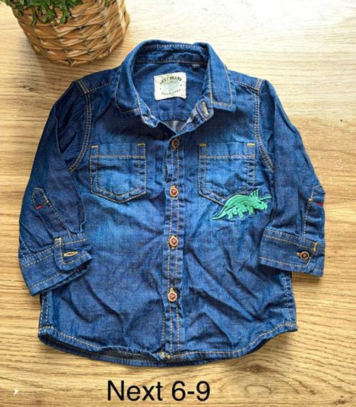 NEXT Boys Blue Denim Dinosaur Graphic Print Button-Up Shirt Long Sleeve 6-9m