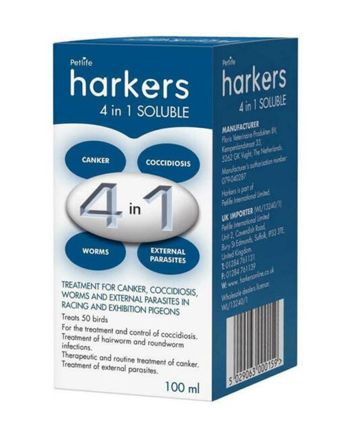 HARKERS 4 IN 1 SOLUBLE 100ML PIGEON CANKER TREATMENT COCCIDIOSIS WORM MITE LICE — image 1