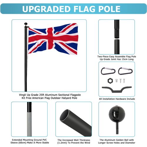 25ft Aluminium Sectional Flagpole Kit Outdoor Garden Telescopic Flag Pole Black — image 4