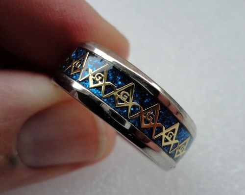 Unusual Freemason Stainless Steel Ring Blue diameter 20mm opening size 9 or R UK