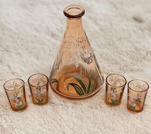 Vintage French Pink Glass Liqueur Decanter & 4 Shot Glasses Lily of the Valley